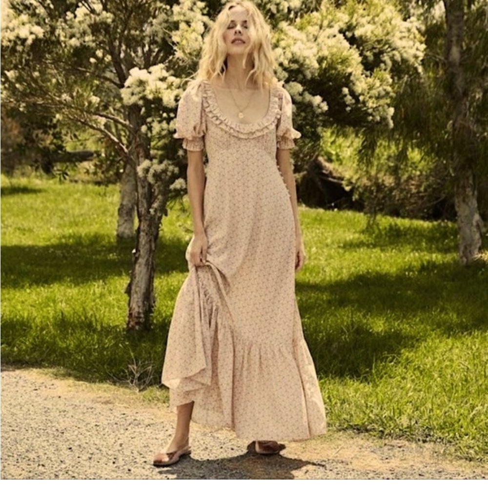 EUC Doen Olive Dress in Peach Martha's Garden, Size M 100% Silk